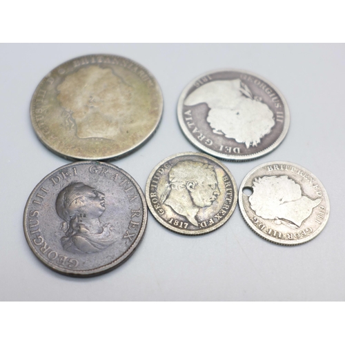 912 - Five George III coins; an 1819 crown, a 1799 shilling, an 1819 and 1817 silver shilling and a 1816 h... 