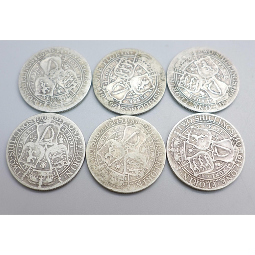 914 - Six Victorian veiled head florins; 1893, 1895, 1898, 1900 x2 and 1901