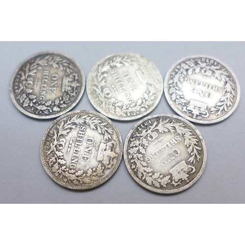 917 - Five Victorian shillings; 1844, 1877, 1878 and 1880 x2