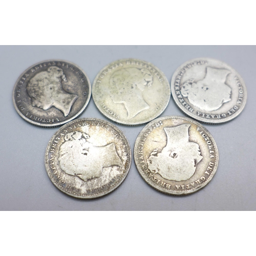 917 - Five Victorian shillings; 1844, 1877, 1878 and 1880 x2