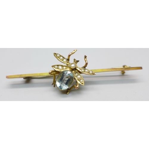 925 - A 9ct gold, blue stone and seed pearl insect brooch, 4.2g