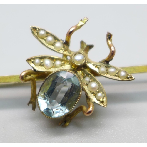 925 - A 9ct gold, blue stone and seed pearl insect brooch, 4.2g