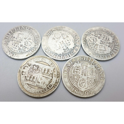 930 - Five Victorian veiled head shillings, 1891, 1895, 1896, 1898 and 1901