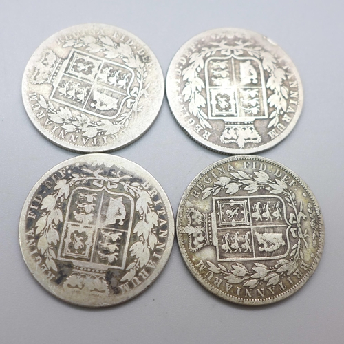 931 - Four Victorian bun head half-crowns, 1874, 1881 x2 and 1885