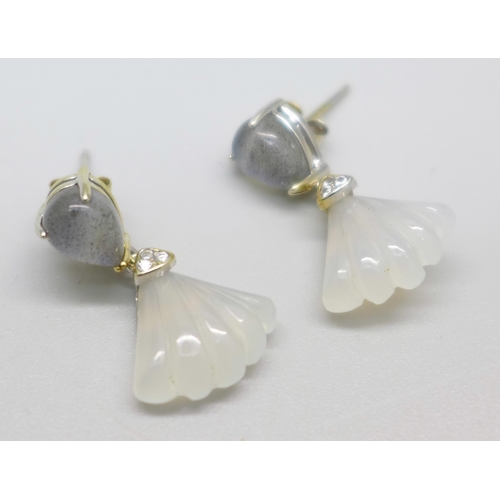 956 - A pair of silver gilt, labradorite, white onyx and zircon drop earrings