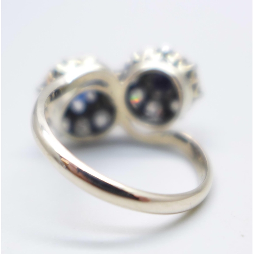 963 - A platinum, sapphire and diamond double cluster cocktail ring, 4.1g, P