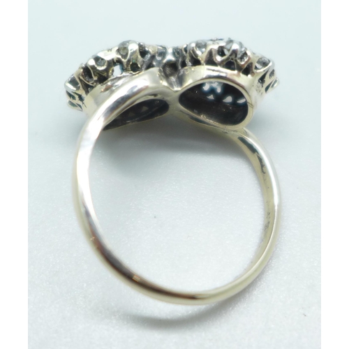 963 - A platinum, sapphire and diamond double cluster cocktail ring, 4.1g, P