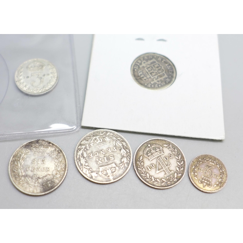 969 - Six silver coins, including 1878 2d and 1905 4d