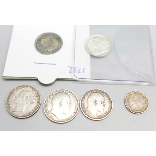 969 - Six silver coins, including 1878 2d and 1905 4d