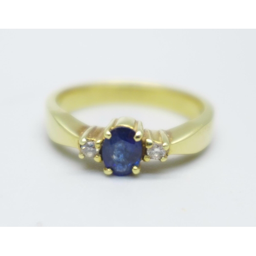 971 - A 14kt gold set sapphire and diamond ring, 3.7g, M, (purchased in Sri Lanka)