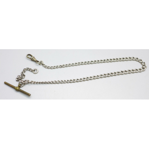 972 - A silver Albert chain, (metal clip and T-bar), 23g