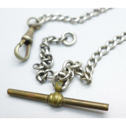 972 - A silver Albert chain, (metal clip and T-bar), 23g