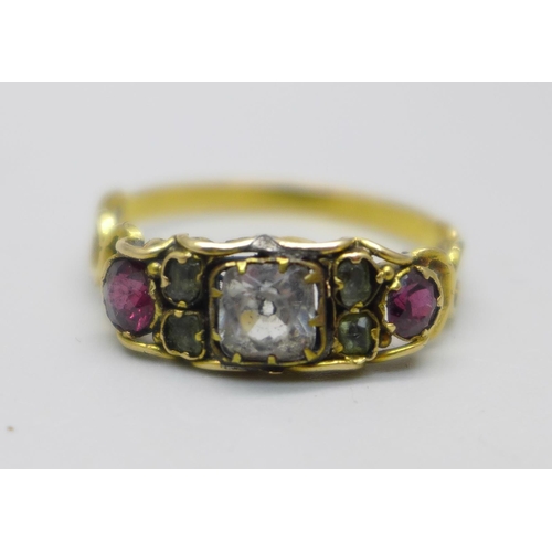 979 - A antique yellow metal set multi-gem ring, 1.6g, R