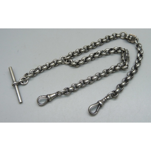 986 - A late Victorian white metal fancy link Albert watch chain, T-bar with makers mark JS, Joseph Sewill... 