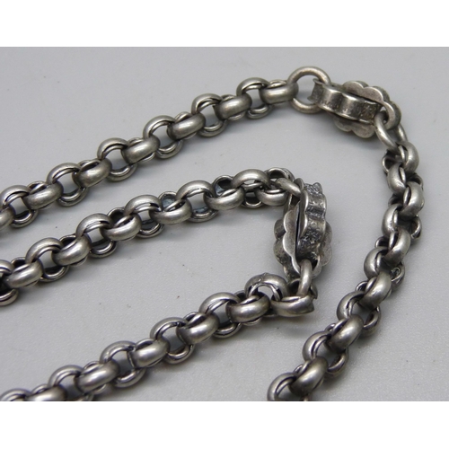 986 - A late Victorian white metal fancy link Albert watch chain, T-bar with makers mark JS, Joseph Sewill... 