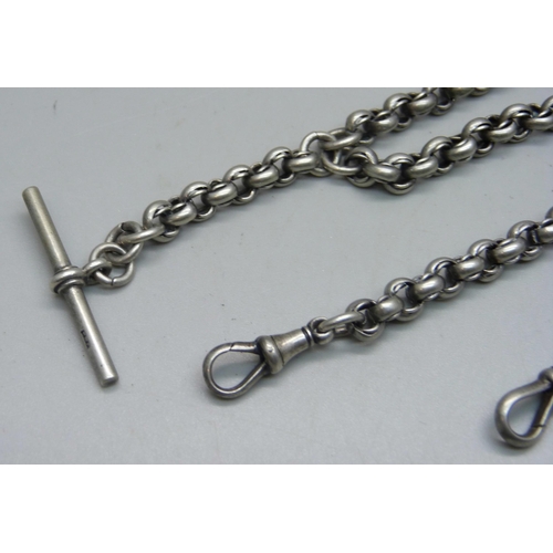 986 - A late Victorian white metal fancy link Albert watch chain, T-bar with makers mark JS, Joseph Sewill... 