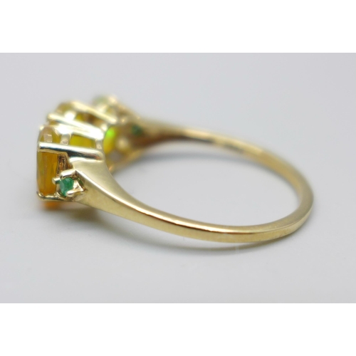 987 - A 9ct gold, Ethiopian opal and emerald ring, 2.4g, S, with certificate