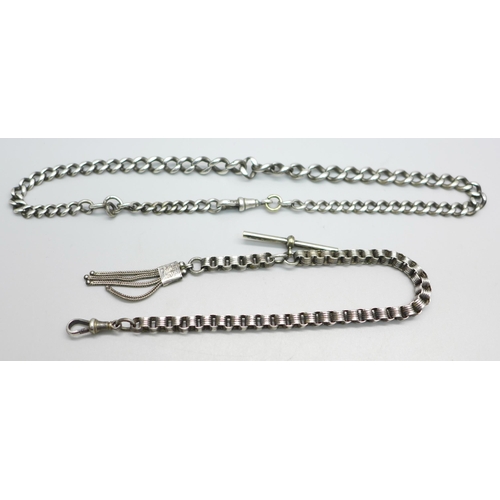 998 - A silver watch chain lacking T-bar and a silver Albertina chain, T-bar not marked, total weight 47g