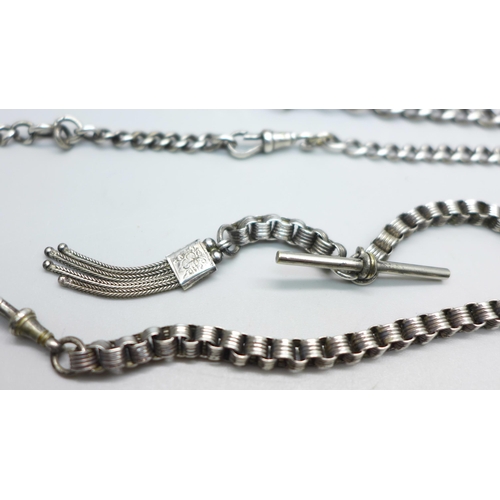 998 - A silver watch chain lacking T-bar and a silver Albertina chain, T-bar not marked, total weight 47g