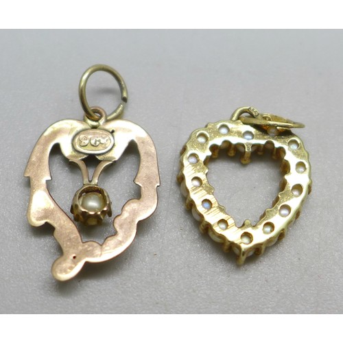 1042 - Two 9ct gold and pearl set pendants, 2g