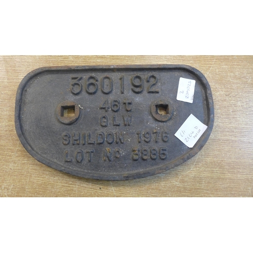 2104D - Railway signage; 360192, 46t GLW Shildon 1976, Lot 3885