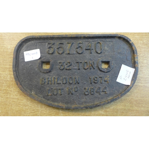 2104E - Railway signage; 357540 32-Ton, Shildon 1974, Lot No. 3844