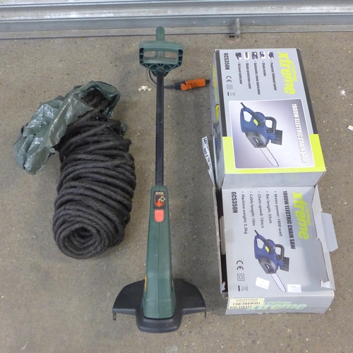 2163 - A Challenge Extreme 1800w chainsaw in box, a Black & Decker strimmer and a length of rope