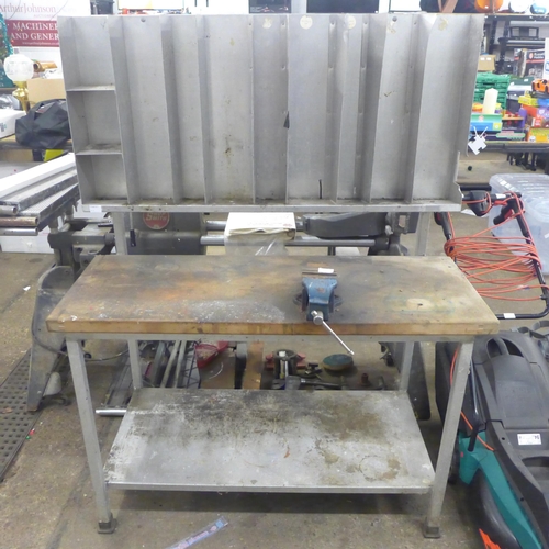 2203 - A metal framed work bench with wooden bench top, No.2 bench vice and metal shelving unit