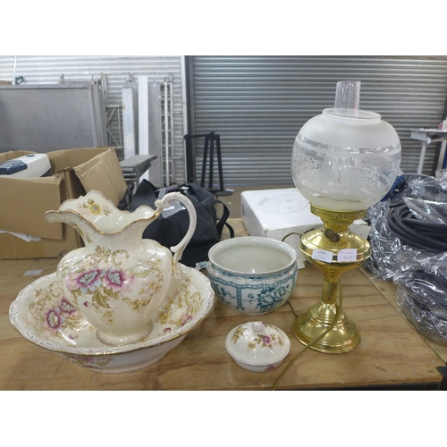 2258 - A quantity of decorative pottery and crockery including a large S.F & Co dish and jug, a large pot a... 