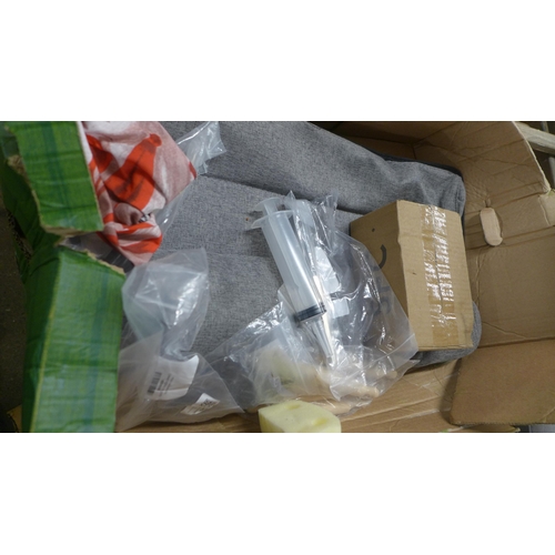 2270 - 3 Boxes of household items including black trousers, bubble solution, mouse pads, saucepan, laptop m... 