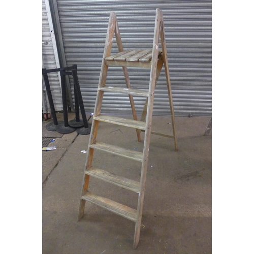 2157 - 3 wooden step ladders, 1 x 9 rung and 2 x 6 rungs