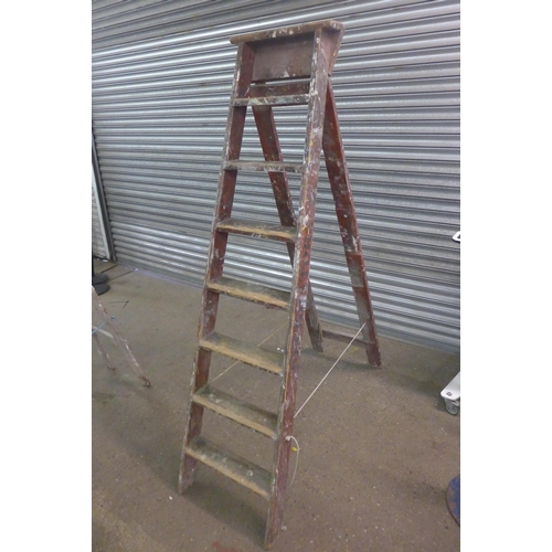 2157 - 3 wooden step ladders, 1 x 9 rung and 2 x 6 rungs