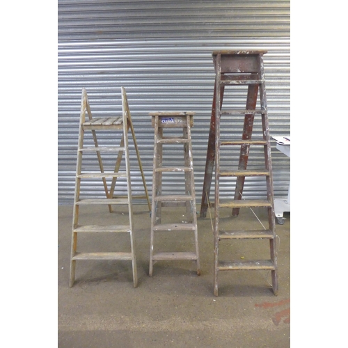 2157 - 3 wooden step ladders, 1 x 9 rung and 2 x 6 rungs