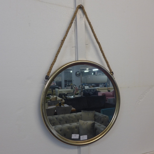 1339 - A medium round champagne colour metal mirror on a hanging rope H46cm (JRG1509)