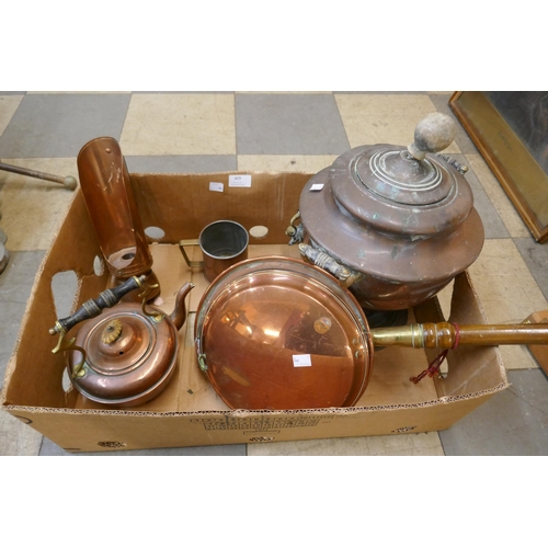 409 - A copper kettle, a warming pan, etc.