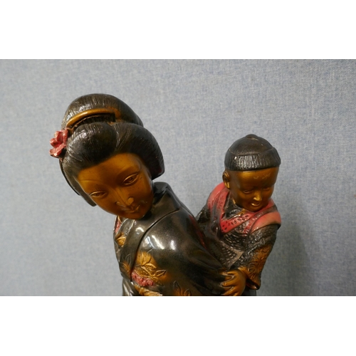 418 - An oriental painted plaster figure of a mother and child