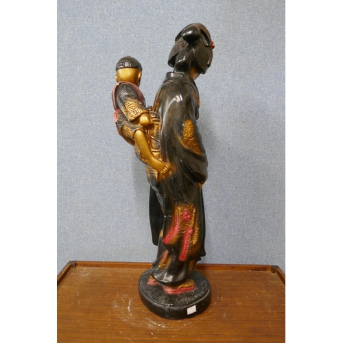 418 - An oriental painted plaster figure of a mother and child