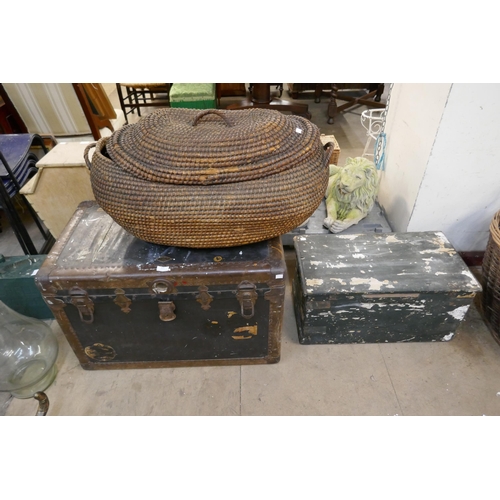 421 - A wicker lidded basket and two trunks