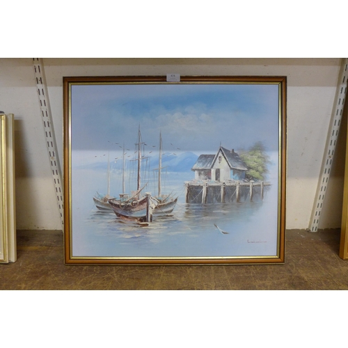 474 - An oriental harbour landscape, oil on canvas, framed