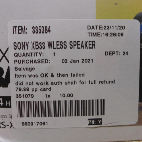 3099 - Sony Xb33 Wireless Speaker  - Model no SRSXB33B.CE7  (311-416)    * This lot is subject to vat