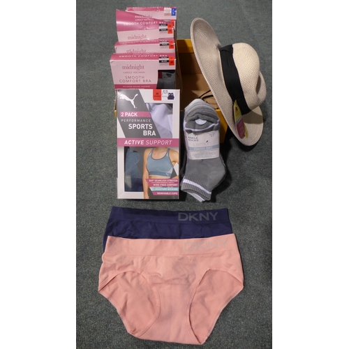 3124 - Assorted women's underwear including bras, pants, socks and a sun hat, brands: Puma and DKNY * this ... 