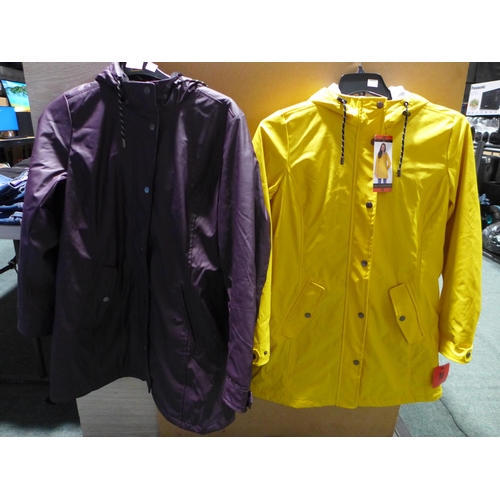 3221 - 2 x ladies weatherproof hooded rain jackets - size M yellow and purple * This lot is subject to VAT