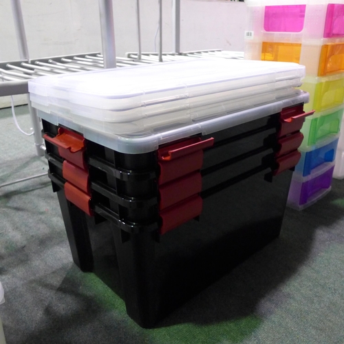 3354 - Four black plastic storage boxes w lids, damaged