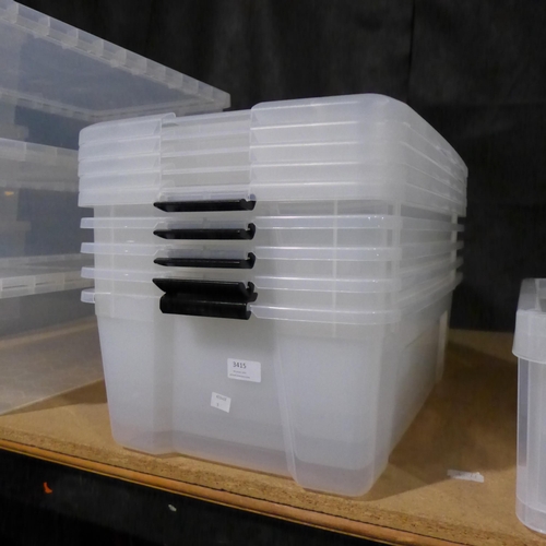 3415 - Five plastic storage boxes w lids - damaged