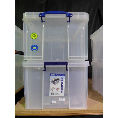 3421 - Two mixed size storage boxes, 64 & 70L capacity, damaged