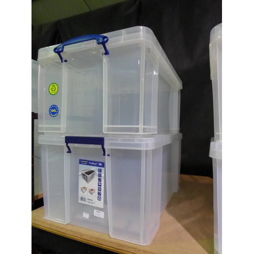 3421 - Two mixed size storage boxes, 64 & 70L capacity, damaged