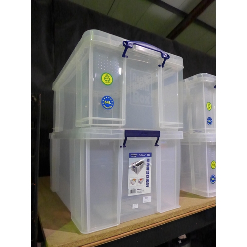 3421 - Two mixed size storage boxes, 64 & 70L capacity, damaged