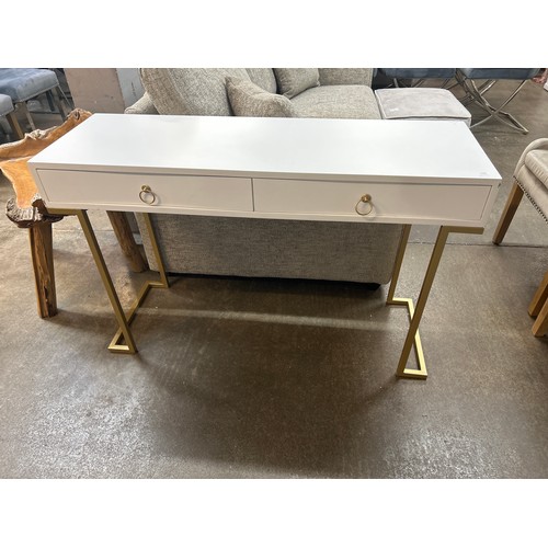 1489 - A white two drawer console table with gold legs