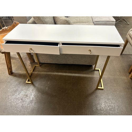 1489 - A white two drawer console table with gold legs