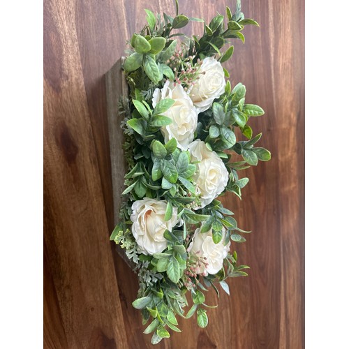 1354 - A display of white roses and leaves in a rustic wooden box - W 42cms (63087505)